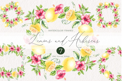 Lemons and hibiscus frame watercolor PNG