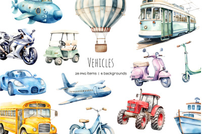 Watercolor transport clipart. Watercolor vehicles clipart. Air, water &amp; land vehicle clip art. Car, train, aircraft set. City Transportation
