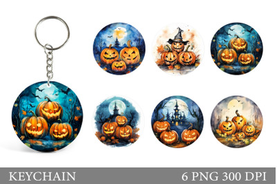 Scary Pumpkin Round Keychain. Halloween Keychain Design