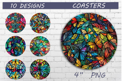Round coasters png, Butterfly stained glass sublimation