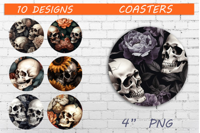Round coaster with flowers skull png, Halloween decor