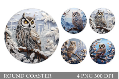 Owl Round Coaster Design. Owl In Winter Landscape Coaster