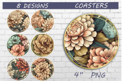 Round car coasters with flowers, png for sublimation