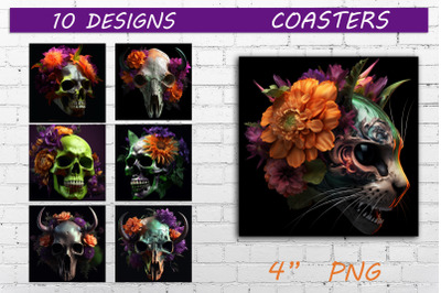 Halloween coasters with flowers skull sublimation