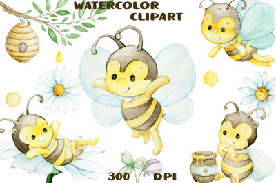 Bee watercolor clipart, baby bee clip art, nursery decor, baby shower,