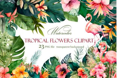 Tropical flowers clipart &amp; Flamingo. Summer Clipart