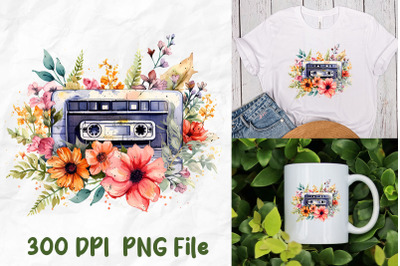 Retro Cassette Wild Flowers Watercolor