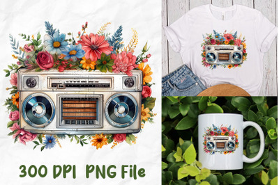 Retro Music Boombox Wild Flowers