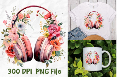 Pink Retro Headphones Wild Flowers