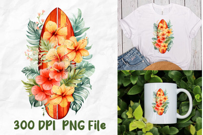 Retro Surfboard Tropical Leaves Flower