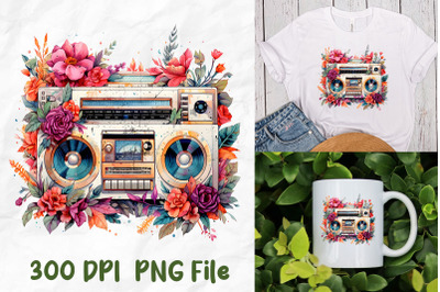 Retro Music Boombox Flower Watercolor