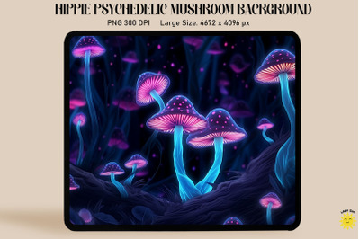 Glowing Neon Mushrooms In Dark Forest