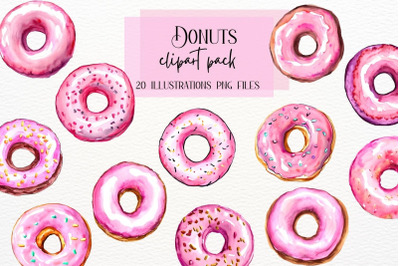 Pink Watercolor Donuts Clipart, Cute Handpainted Donuts