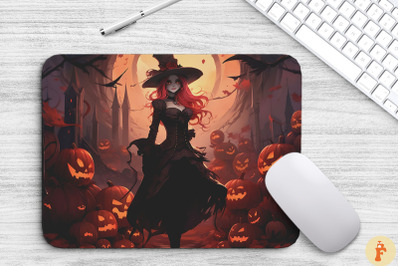 Pretty Witch And Pumpkins Mouse Pad