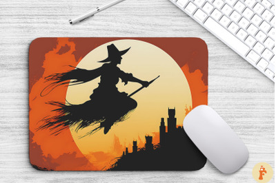 Silhouette Of Witch Flying Mouse Pad