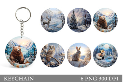 Animals Winter Round Keychain. Animals Keychain Sublimation