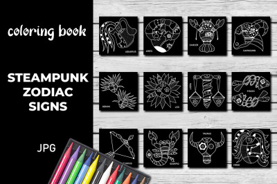 12 Steampunk Zodiac Coloring Pages