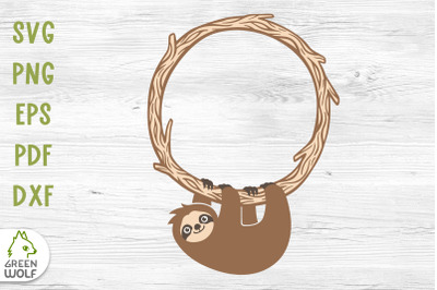 Cute sloth on branch svg Sloth round monogram svg dxf png
