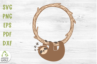 Cute sleeping sloth hanging on branch svg Round sloth monogram svg