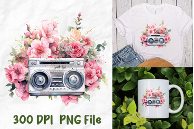 Retro Old School Boombox Pink Flower