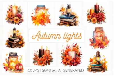 Fall autumn candle, lamp, mason jar. Autumn lights cozy fall