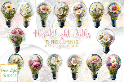 Spring Floral Light Bulbs Clipart, Fantasy Magical Wild Flowers
