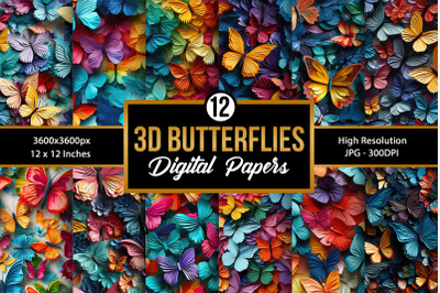 3D Butterflies Digital Papers, Rainbow Butterflies Seamless Pattern
