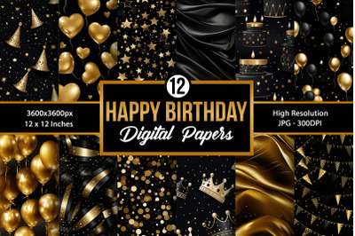 Black &amp; Gold Birthday Seamless Pattern Digital Papers