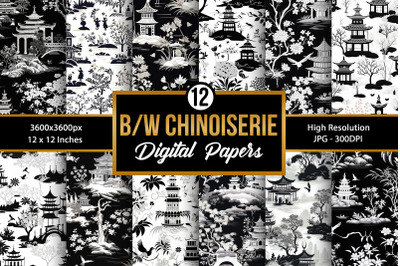 12 Black and White Chinoiserie Digital Papers Patterns   Included   12