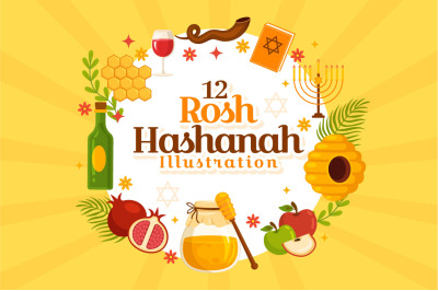 12 Happy Rosh Hashanah Vector Illustration