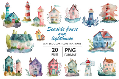 Seaside houses  and  lighthouses watercolor illustration