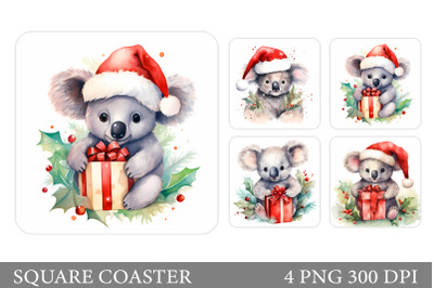 Christmas Koala Coaster. Cute Koala Square Coaster