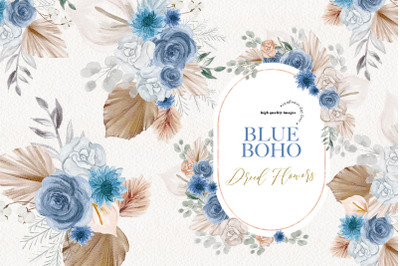 Blue Boho Dried Floral Pampas Grass Clipart&2C; Dusty Blue&2C; Pampas wreath