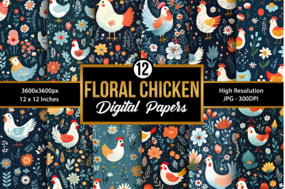 Chicken and Flowers Digital Paper Patterns