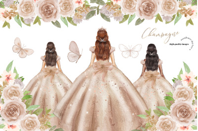 Champagne Dresses Quinceaera Clipart, Champagne Flowers  Clipart