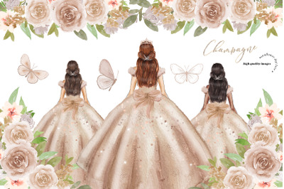 Champagne Dresses Quinceaera Clipart&2C; Champagne Flowers  Clipart