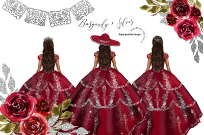 Burgundy &amp;amp; Silver Princess Dress Clipart&2C; Burgundy Flowers watercolor