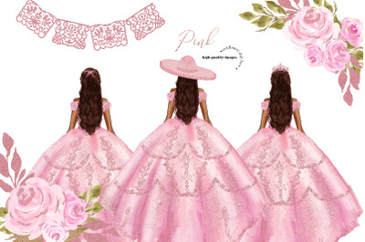ELegant Pink Princess Dresses Clipart, Pink Flowers Clipart