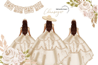 Elegant Champagne Princess Dresses, Champagne Flowers Clipart