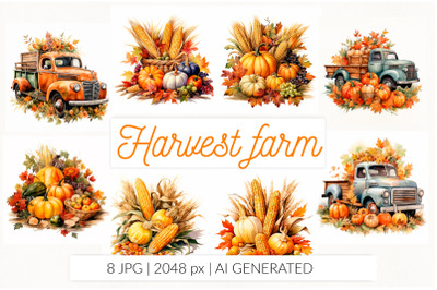 Harvest truck pumpkin corn watercolor JPG