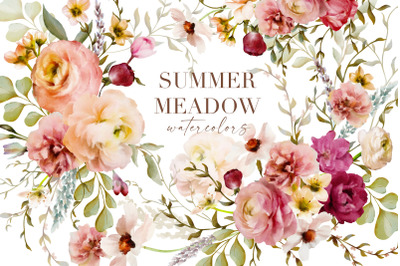 Summer Meadow Watercolor Floral Clip Art Collection