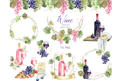 Watercolor Wine Clipart Set. Pink, White Wine Grapes, Greenery wreaths