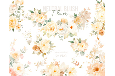 Cream and Blush Greenery Floral Clipart, Watercolor Neutral Floral