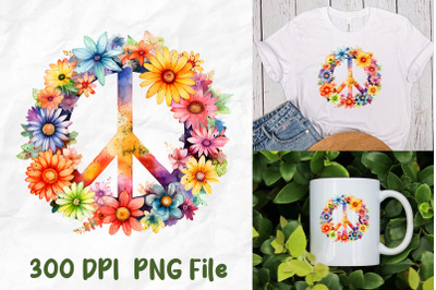 Hippie Peace Sign Wild Flowers Rainbow