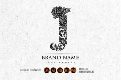 Luxury intricate floral initial J lettering monogram monochrome logo