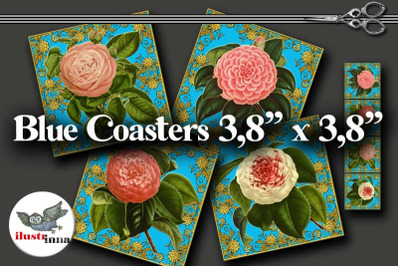 Printable Blue Coasters Set Damask and Roses