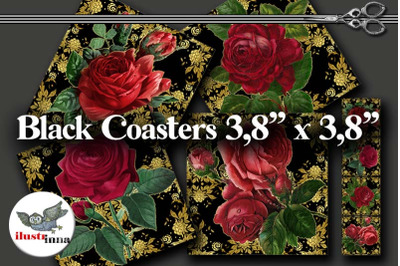 Black Damask and Roses Coasters 3,8&#039;&#039;x3,8&#039;&#039;