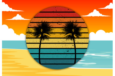 Vintage beach circle retro clipart sunset design pack