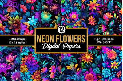 Neon Flowers Seamless Pattern Digital Papers