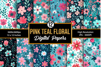 Pink and Teal Flowers Seamless Pattern Digital Papers